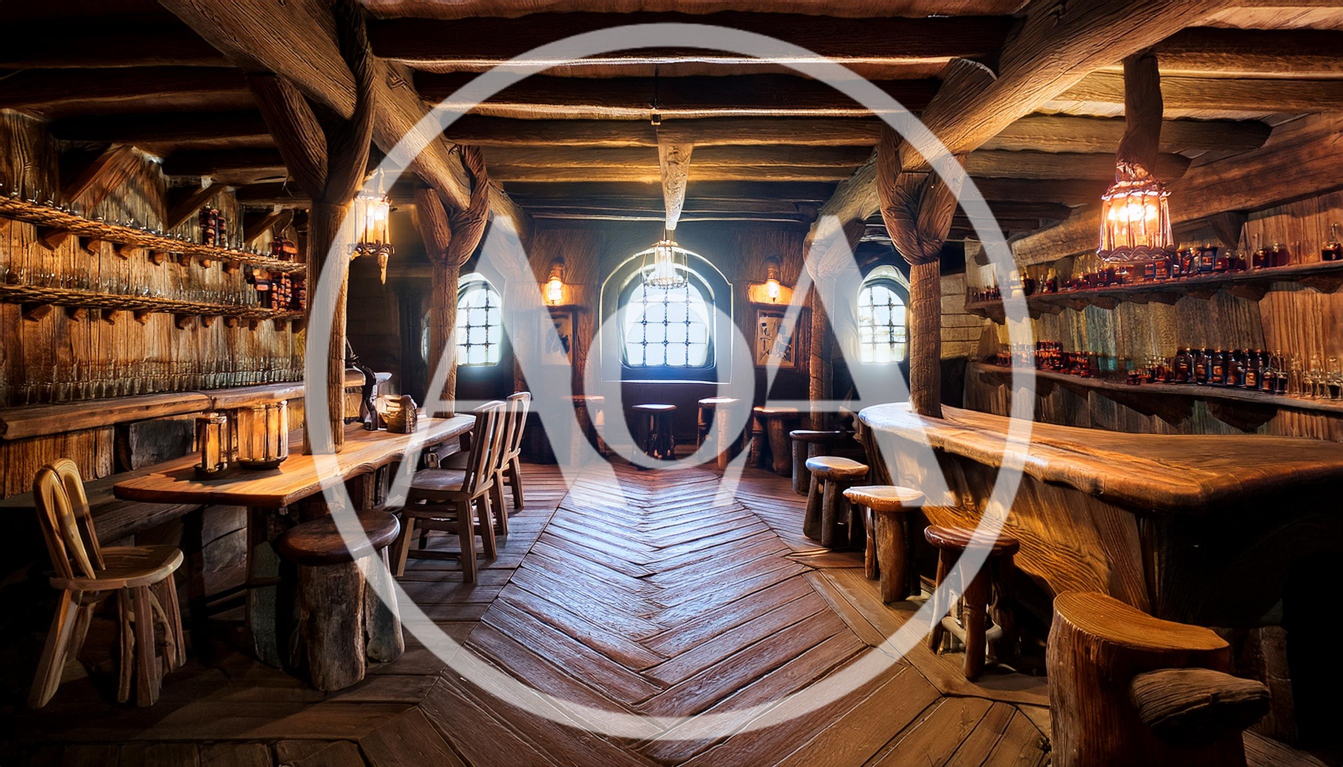 Rustic Wooden Tavern Interior With Bar And Stools