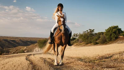 Woman Riding A Horse In A Golden Field