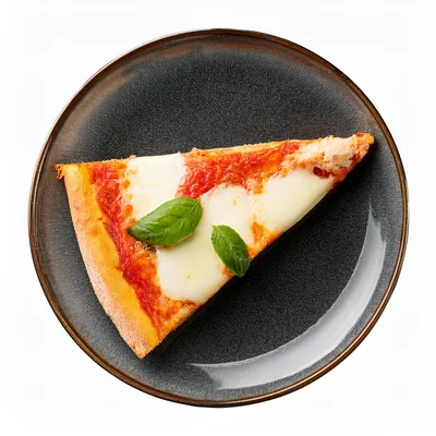 Single Slice Of Margherita Pizza On A Dark Plate