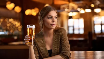 Young Woman Holding A Glass Of Beer In A Pub