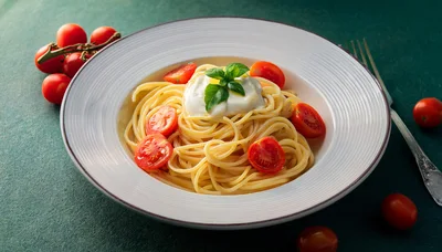 Spaghetti Pasta With Burrata Cheese And Cherry Tomatoes