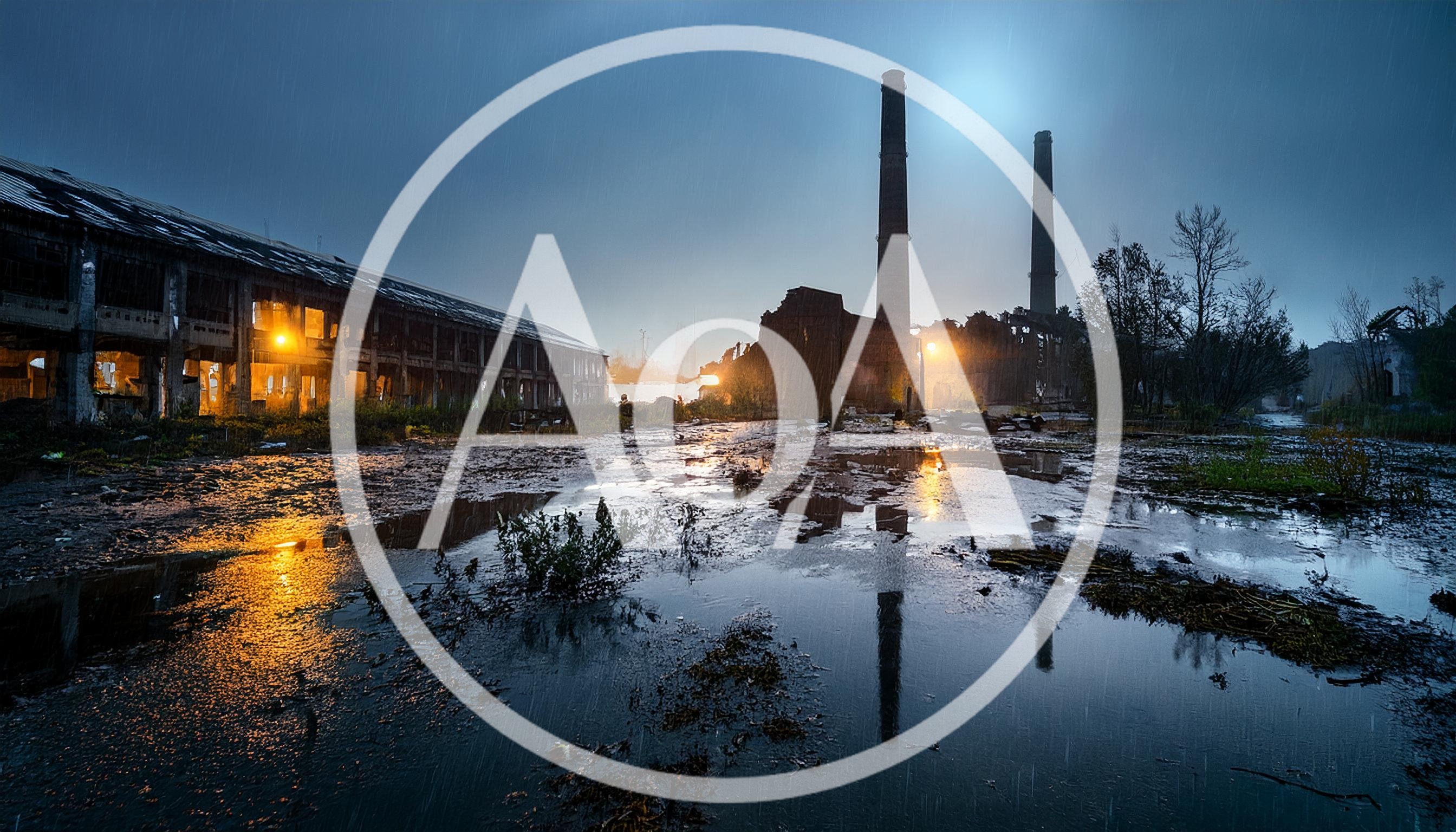 Abandoned Industrial Factory Ruins At Night In Rain