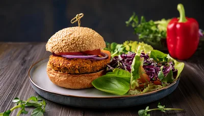 Vegan Burger With Fresh Salad On A Plate
