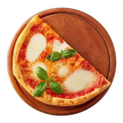 Half A Margherita Pizza On A Wooden Board