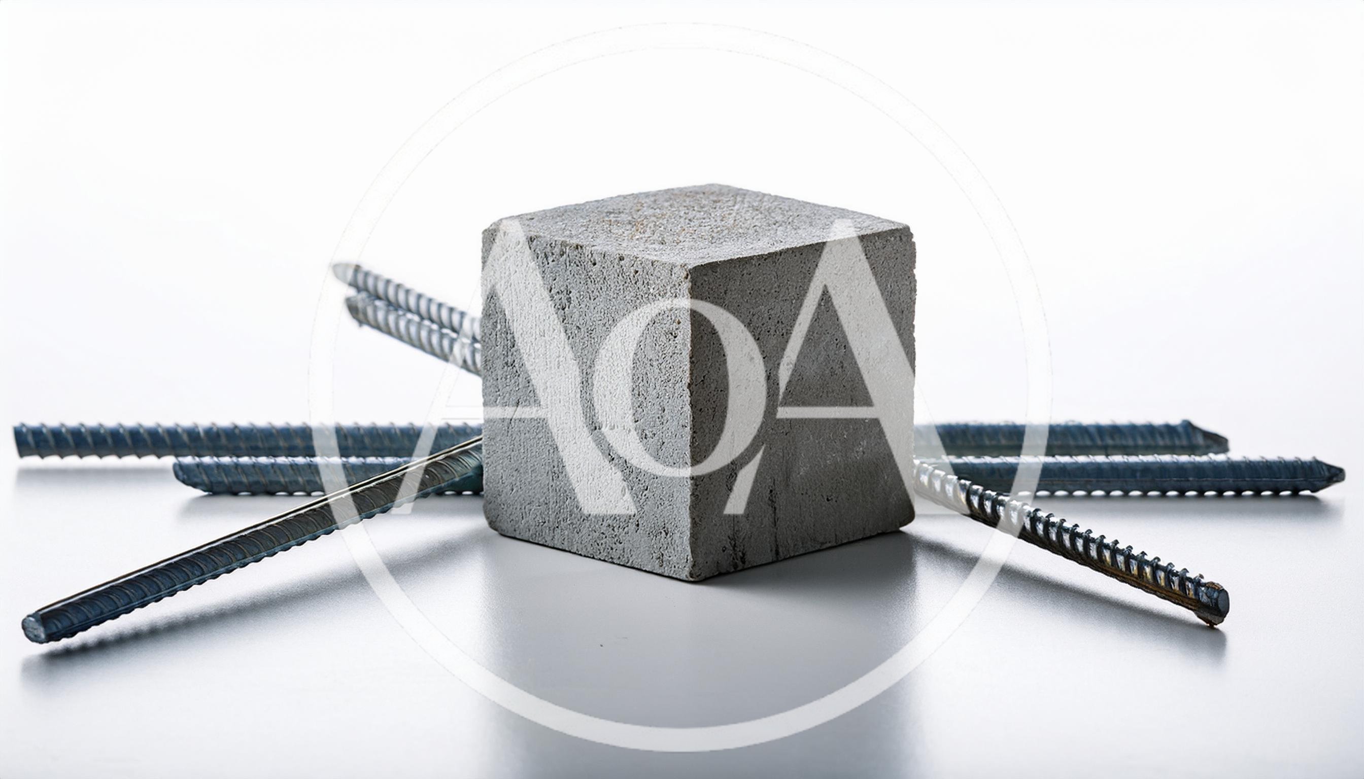 Concrete Cube Surrounded By Steel Rebar Rods