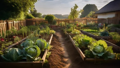 Lush Vegetable Garden With Raised Beds At Sunset