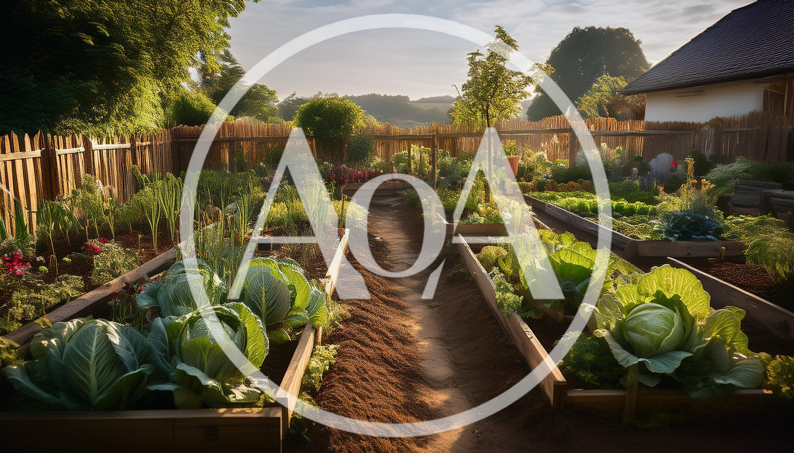 Lush Vegetable Garden With Raised Beds At Sunset