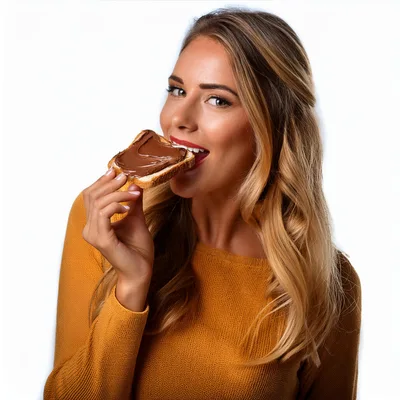Young Woman Eating Toast With Chocolate Spread