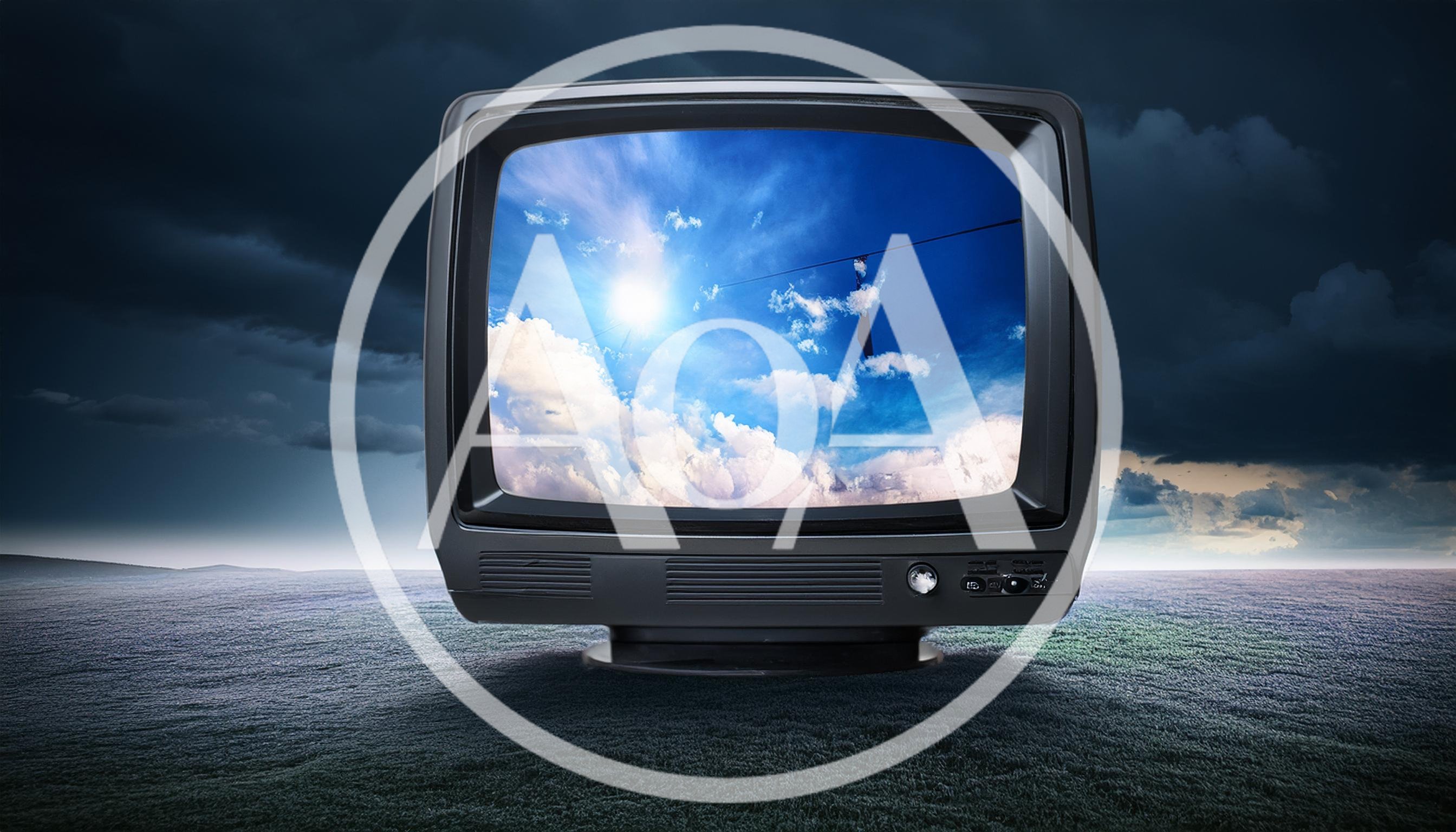 Vintage Television Displaying Sunny Sky In Dark Landscape