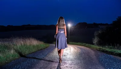 Woman Walking Alone On A Rainy Country Road At Night