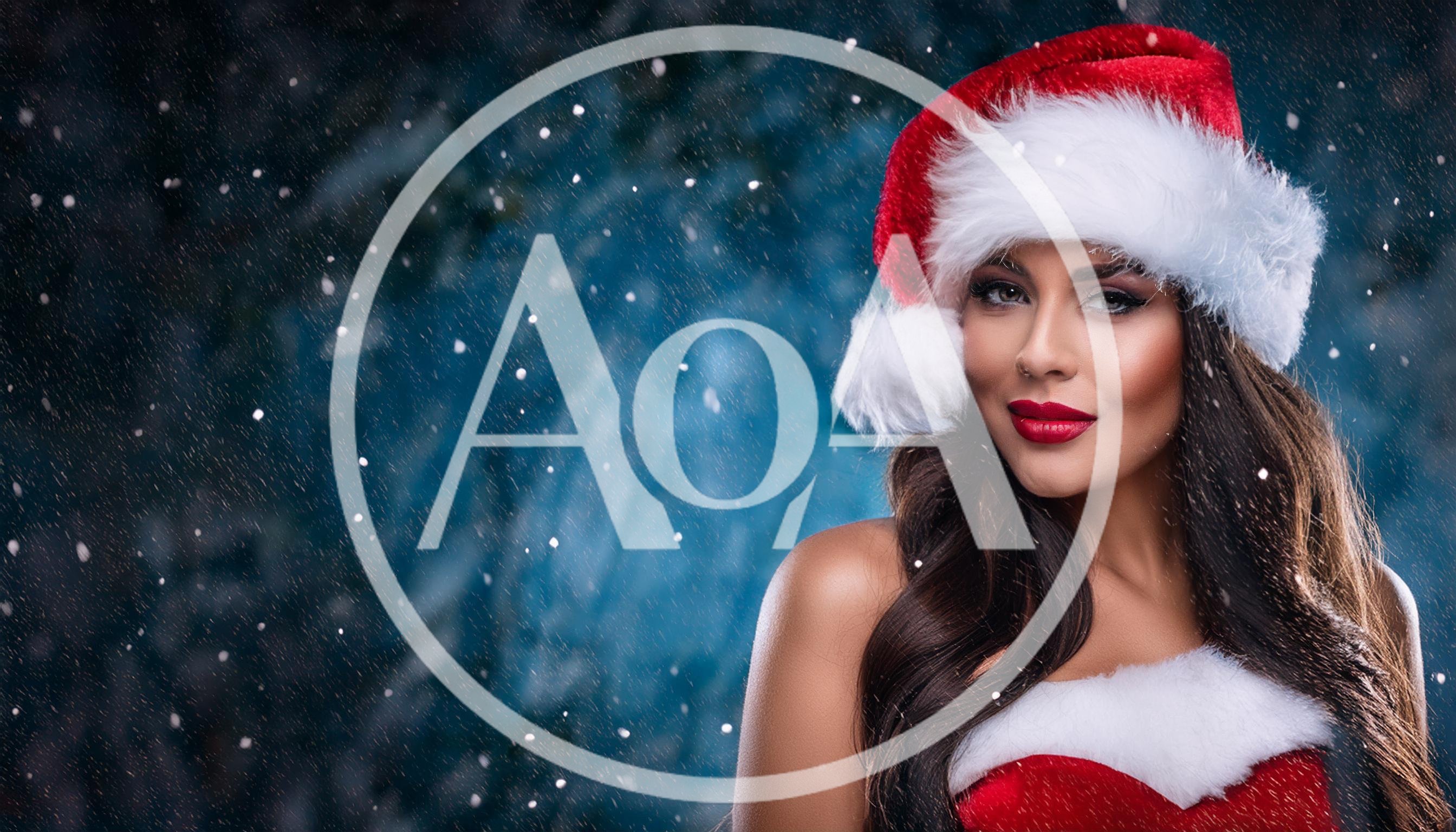 Beautiful Woman Wearing Santa Hat In Snowy Setting