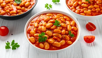 Three Bowls Of Baked Beans In Tomato Sauce