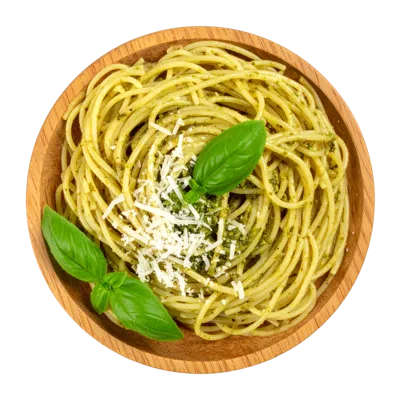 Spaghetti Pasta With Pesto Sauce In A Wooden Bowl