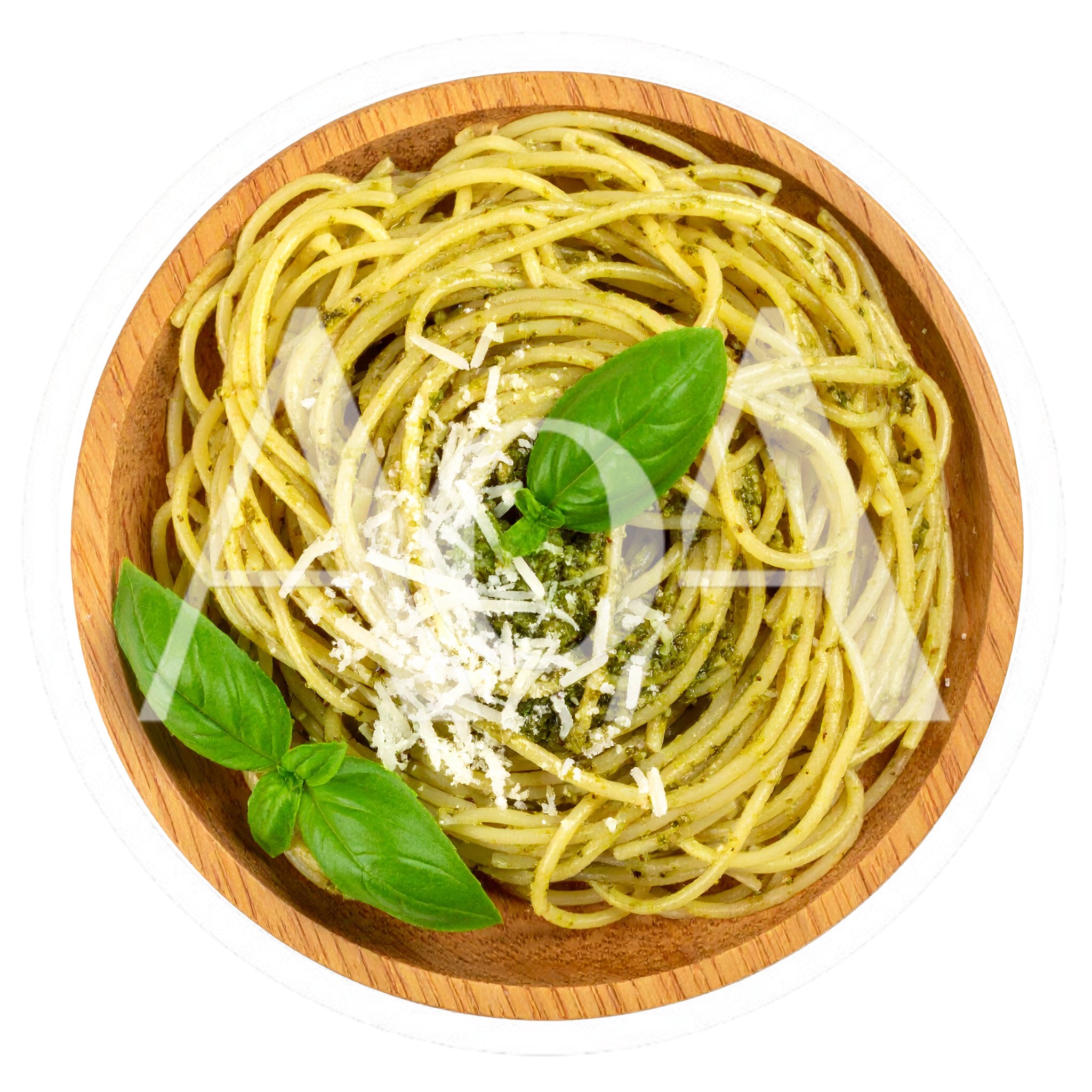 Spaghetti Pasta With Pesto Sauce In A Wooden Bowl