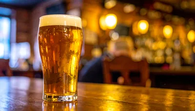 Pint Of Golden Beer On A Pub Bar Counter