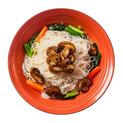Bowl Of Rice Noodles With Mushrooms And Vegetables