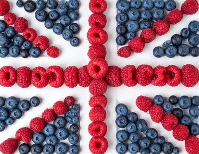 Union Jack Flag Made From Fresh Raspberries And Blueberries