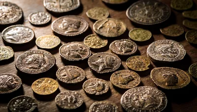 Collection of Ancient Roman Coins on Wooden Surface