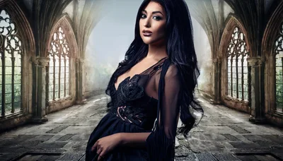 Gothic Woman In Black Dress Standing In Ancient Ruins