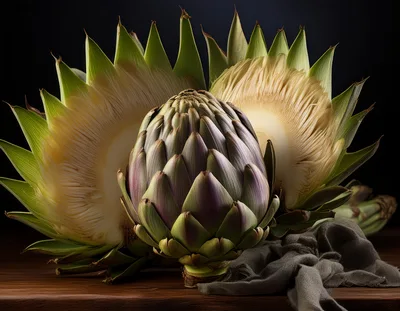 Whole And Halved Artichokes On A Wooden Table