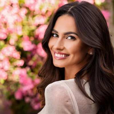 Portrait Of A Smiling Woman With Long Dark Hair