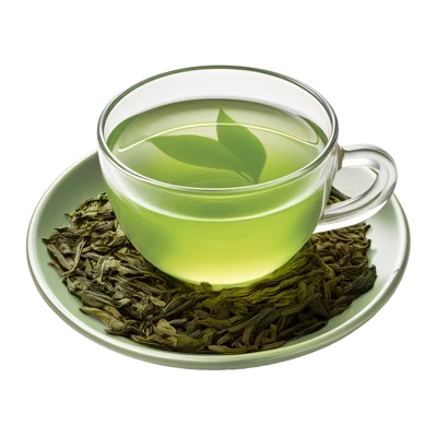 Glass Cup Of Green Tea With Loose Tea Leaves