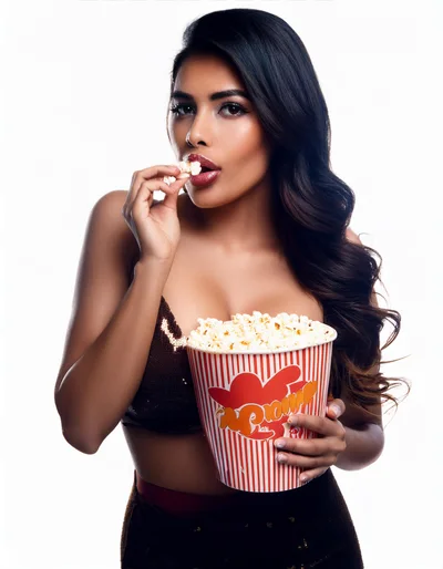 Beautiful Woman Eating Popcorn From A Striped Bucket