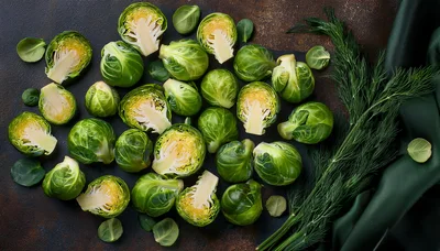 Fresh Brussels Sprouts and Dill on Dark Surface