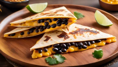 Two Cheesy Black Bean Quesadillas On A Wooden Plate