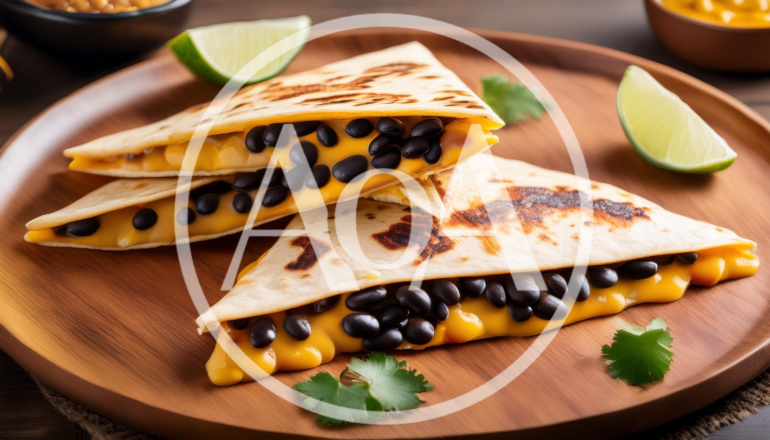 Two Cheesy Black Bean Quesadillas On A Wooden Plate