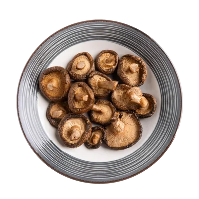 Fresh Shiitake Mushrooms Arranged On A Striped Plate