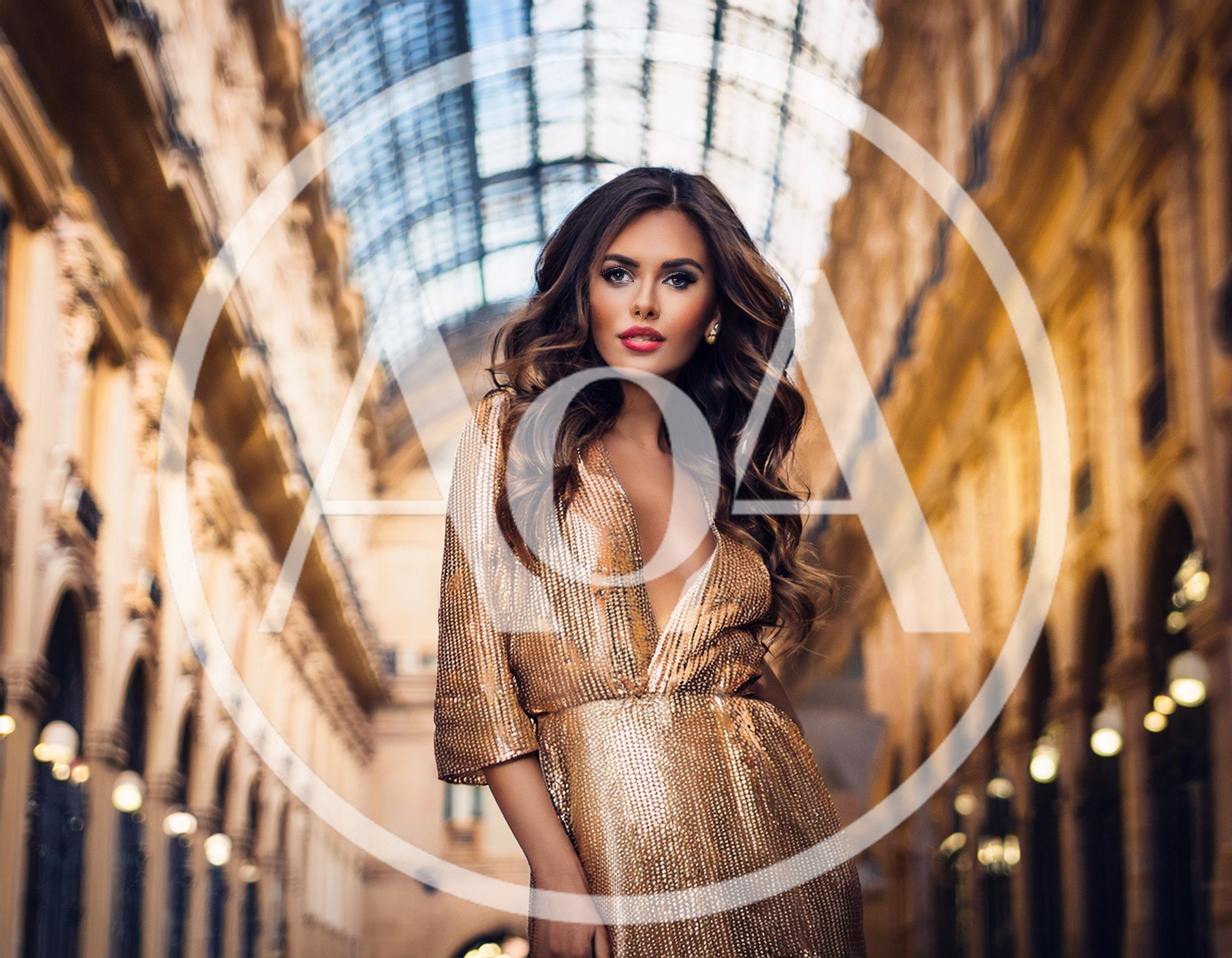 Fashionable Woman In Gold Dress Standing In Galleria