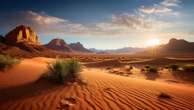 Sunset Over Vast Desert Landscape With Sand Dunes