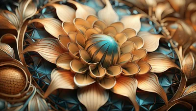 Abstract Golden Flower With Teal Geometric Background