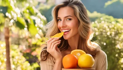 Beautiful Woman Eating Fresh Orange Slice Outdoors