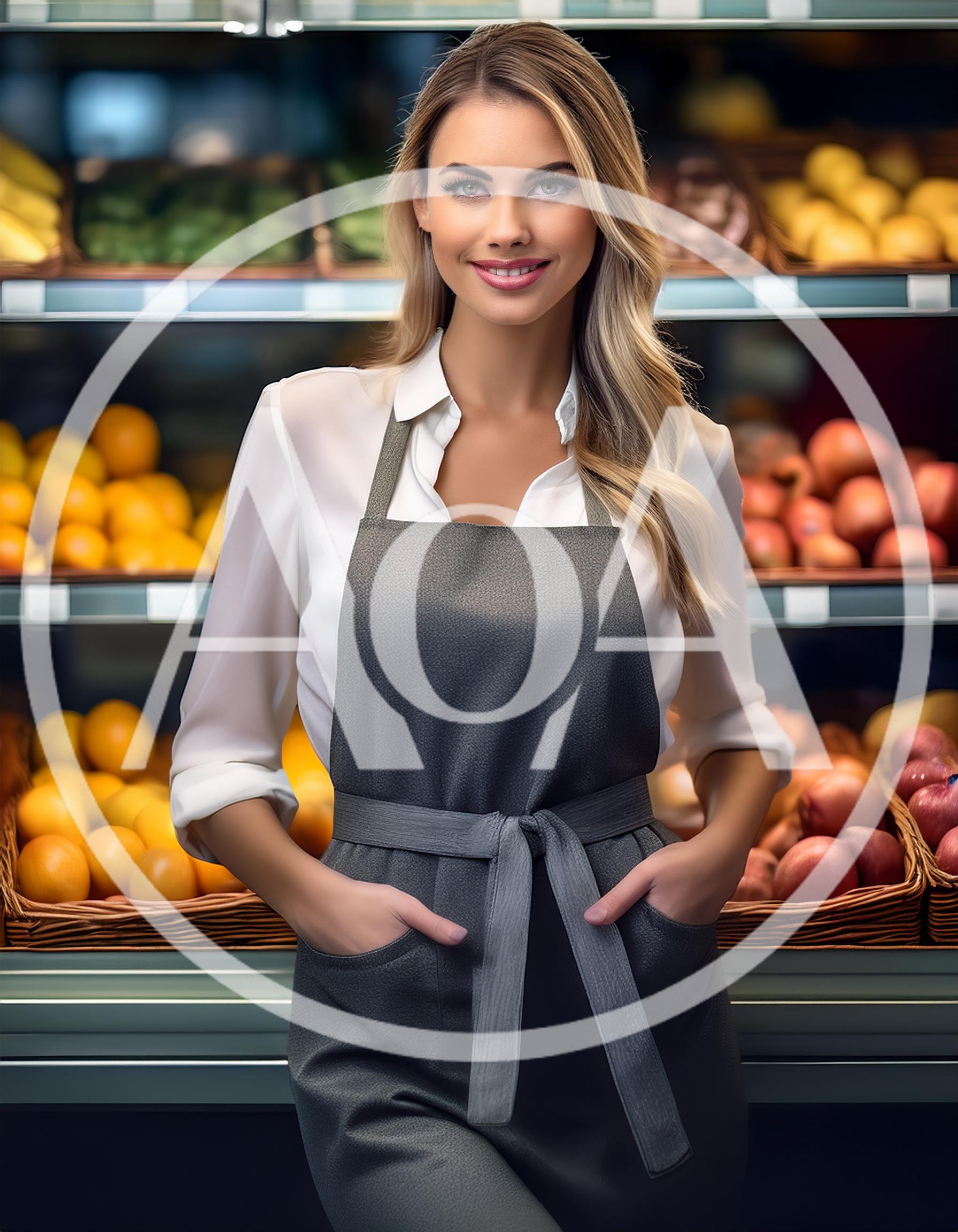Smiling Female Grocery Store Clerk Standing In Produce Aisle