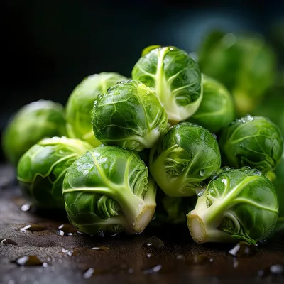 Fresh Green Brussels Sprouts on Dark Wooden Surface