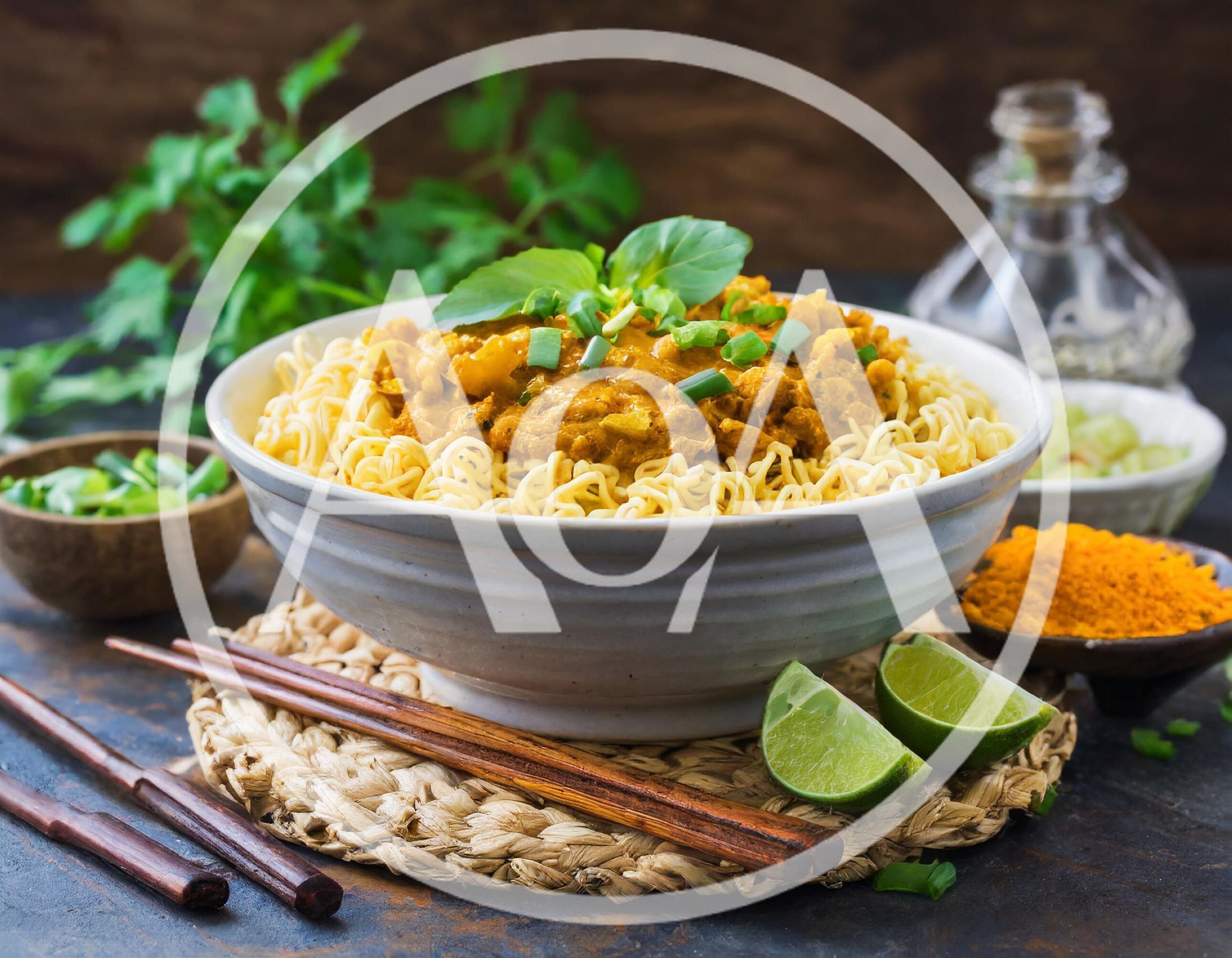 Bowl Of Curry Noodles With Lime And Herbs