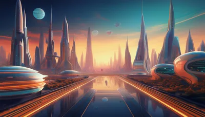 Futuristic Alien Cityscape With Tall Spires And Floating Planets