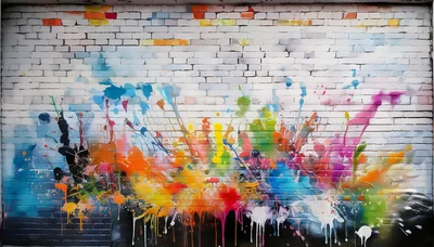 Vibrant Multi Colored Paint Splatter On Brick Wall