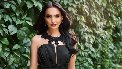 Elegant Woman In Black Dress Posing Outdoors