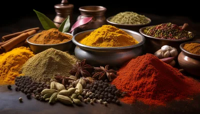 Assorted Colorful Spices and Herbs in Bowls