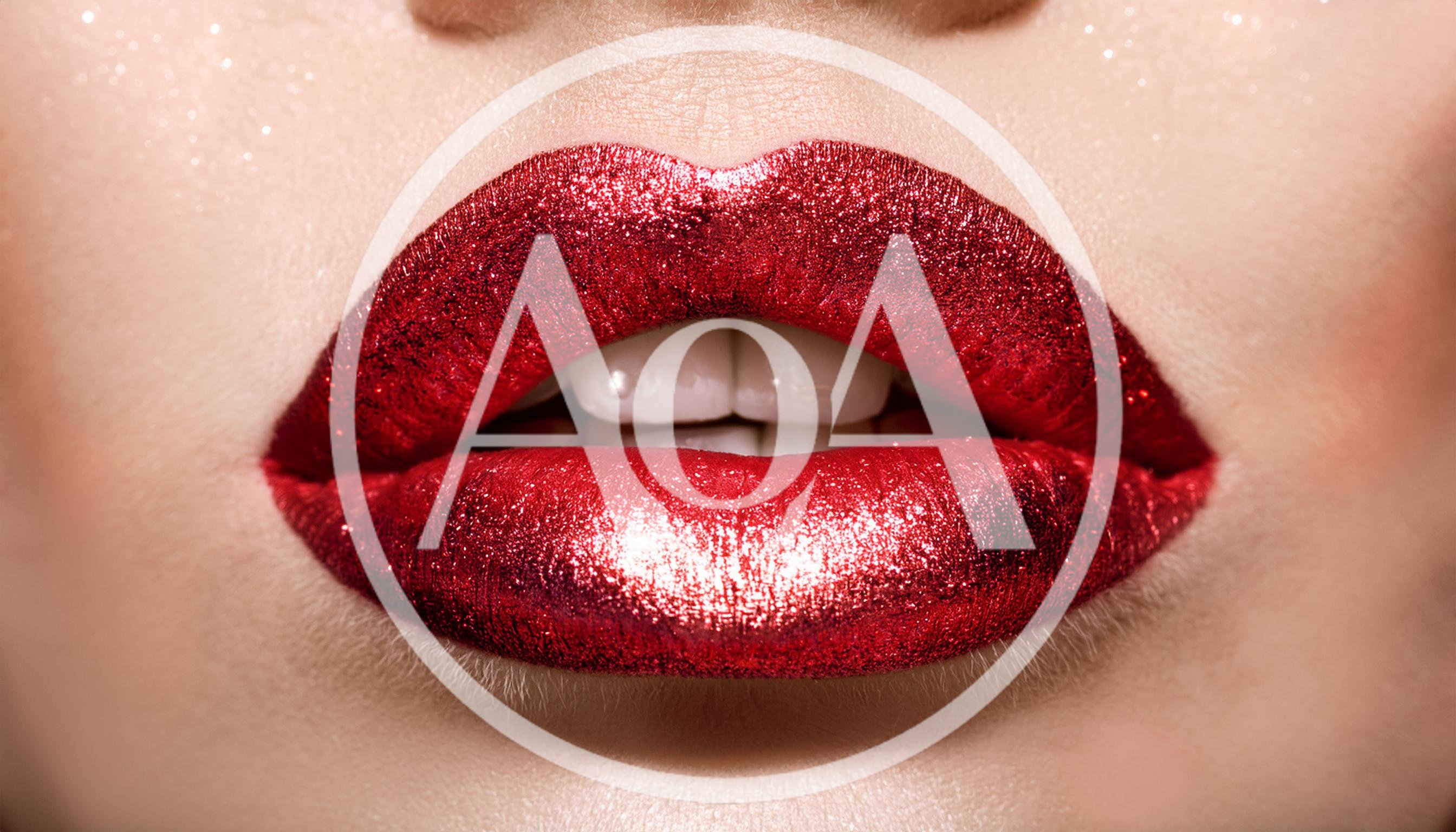 Close Up Of Woman With Glittery Red Lipstick