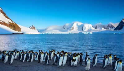 King Penguin Colony Standing on Antarctic Shoreline