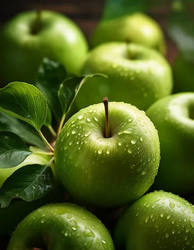 Fresh Green Apples With Water Droplets On Leaves