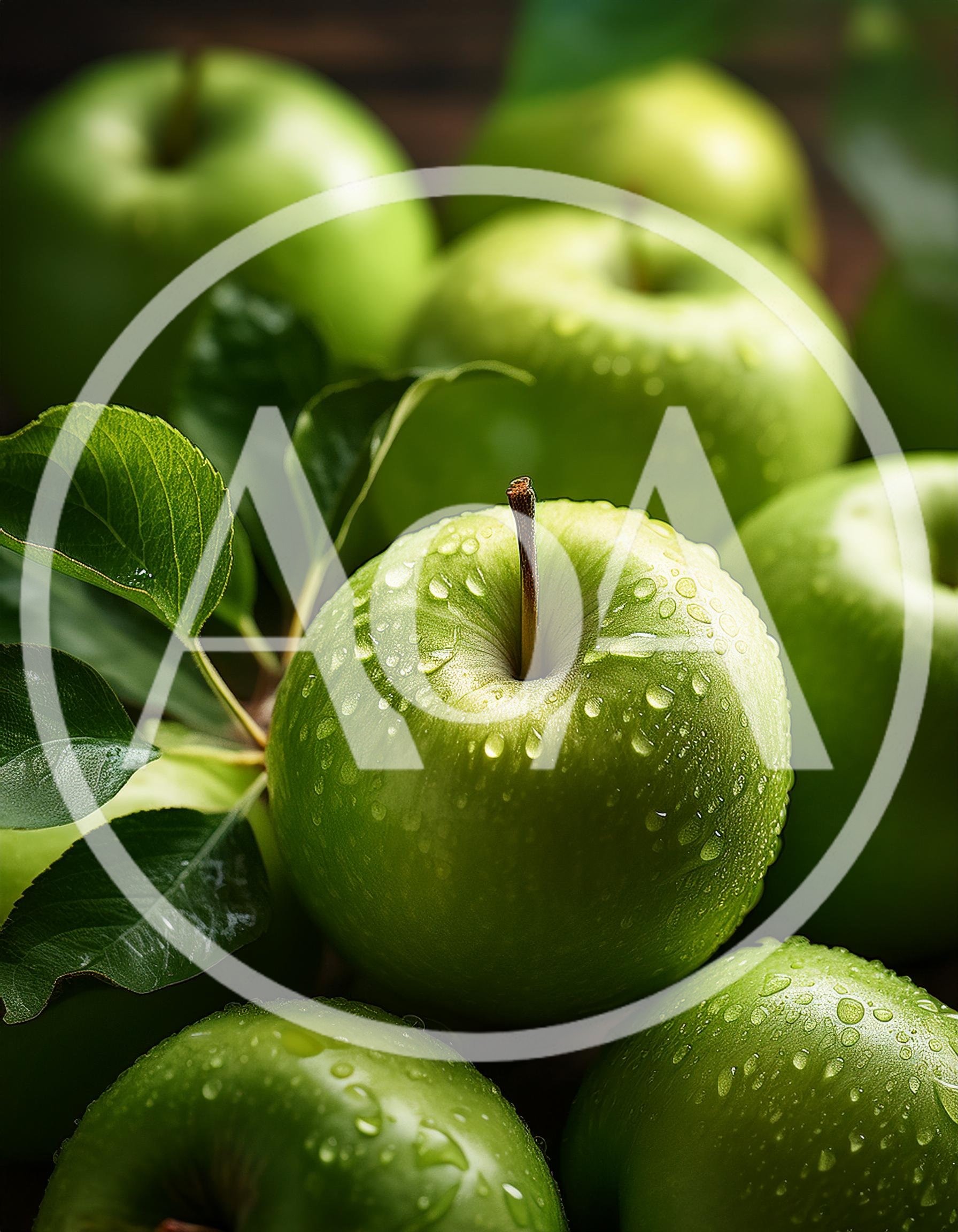 Fresh Green Apples With Water Droplets On Leaves