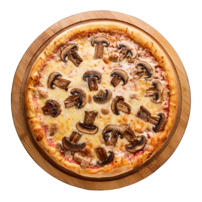 Mushroom Pizza On A Wooden Serving Board