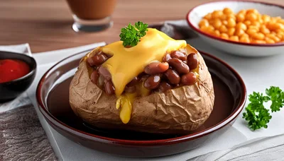 Baked Potato Topped With Beans And Melted Cheese