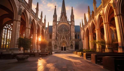 Gothic Cathedral Courtyard At Sunset