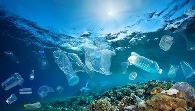 Plastic Pollution Floating Over A Vibrant Coral Reef